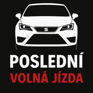 Seat ibiza Cupra 6P (bílá silueta) zepředu a pod ní bílý nápis POSLEDNÍ a pod ním červeně VOLNÁ JÍZDA