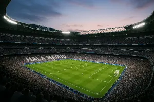 Obrazek santiago bernabeu stadionu s napisem hala madrid