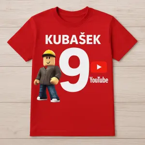 narozeninove tricko pro syna, velka 9, jmeno Kubaasek, spojila bych motivy roblox a youtube do jednogo obrazku