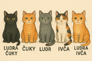 5 jinak barevně kreslených koček s jmény Ludra Čuky, Ludra Ivča
