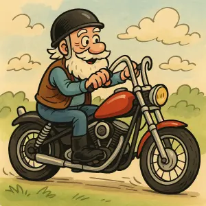 Dědeček na motorce chopr. Kreslené