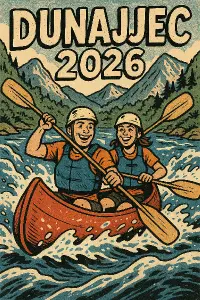 Kresba, komiksovy styl Kanoe v divokych perejich, usměvavý vodak a vodacka, v pozadí řeky hory napis DUNAJEC 2026