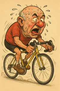 Udýchaný postarší pán s holou hlavou, zavodící na kole forma karikatura