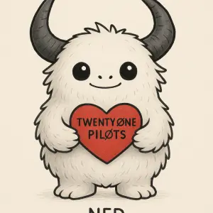 Smyšlená postavička Ned od Twenty one pilots , uprostřed postavičky srdíčko s nápisem Twenty one pilots