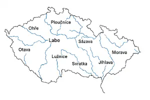 mapa české republiky se znázorněnými pro vodáky sjízdnými řekami s názvy jednotlivých řek. Text pouze u řek. bílé pozadí