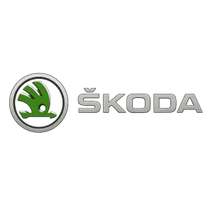 Znak Škoda autostříbrně napsáno škoda a zelený znak