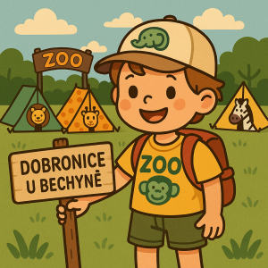 cartoon dítě v družstvu na letním táboře, jehož téma je ZOO a koná se v Dobronicích u Bechyně