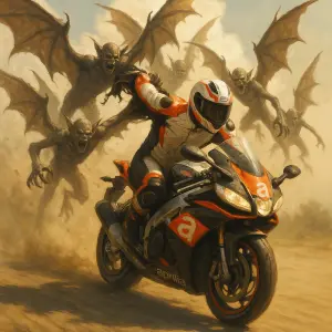 motocykl jezdec racing aprilia ujizdi horde letajicich demonu s obrimy kridly trhajici z ramen kombinezu, svetla scena