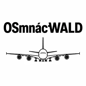 Nápis: OSmnáctWALD"OS" a "WALD" větším písmem než "mnáct" v jednom řádkuvše tučněk tomu malý obrys airbus A380