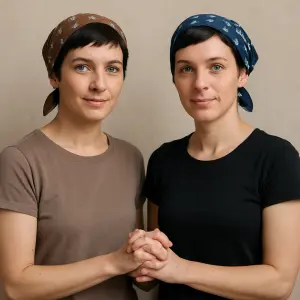 Dvě ženy vedle sebe, obě krátkovlasé tmavé vlasy, nosí obě šátek, zavázaný vzadu, mají obě modré oči, drží se za ruce
