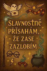 Napis: Slavnostně přísahám, že zase zazlobím. Motivy Harryho Pottera, kouzla, čáry, magie