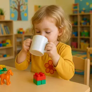 Holčička si hraje ve školce a pije z hrnečku