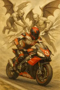 racing moto zavodnik aprilia, dva letajici demoni trhajici cary odevu z jeho ramen, kridla velka roztazena, svetly obraz