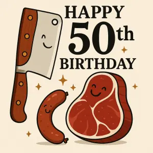 Vtipná elegantní ilustrace pro 50. narozeniny. Řeznické téma: velký řeznický sekáček, steak a klobása, zlaté malé hvězdi