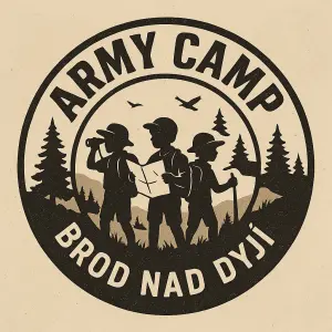 Cernobile logo,3 deti pruzkumnici, v kruhu,hlavni napis je Army camp, Brod nad Dyji vic army jen siluety a priroda