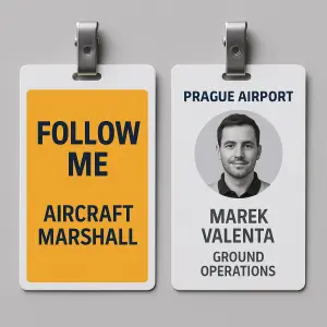 Zadní strana;FOLLOW MEpod tím menším:AIRCRAFT MARSHALLPřední strana:PRAGUE AIRPORTMarek ValentaGROUND OPERATIONS