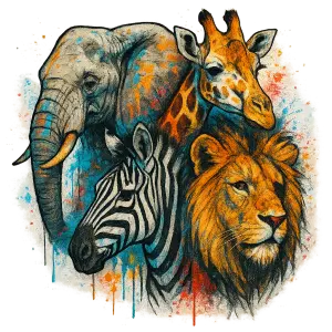 seskupení hlav afrických zvířat ve stylu grafitti, aby vypadaly reálně a některé neměli třeba dve oči, bez pozadí
