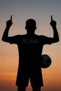 Vygeneruj siluetu fotbalisty zezadu se zvednutými oběma rukama na dresu musí mít jméno Miláno