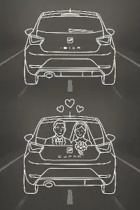 Seat ibiza Cupra 6P (obrys auta bíle) zezadu na silnici 2x pod sebou ve spodní sedí ženich a nevěsta, nad nimi srdíčka