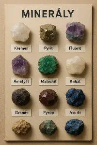 tabule s reálnými minerály, alespoň 9 kusů a nad nimi český název