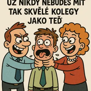 Dvě vtipné postavičky, ktere škrtí třetí postavičku a nápis Už nikdy nebudeš mít tak skvělé kolegy jako teď