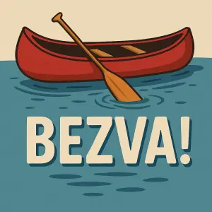 kanoe s padlem na vode a pod tim napsano BEZVA!