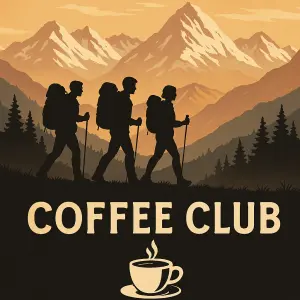 obrázek, kde budou dva páry s krosnama jako silueta, jak jdou v Alpách a pod tím chci nápis "coffee club" a kávu