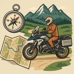 Outdoor cesta na motocyklu BMW GS , kompas, mapa klipart hory