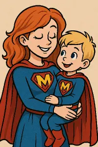 Žena se zrzavými vlasy držící v náručí chlapce s blond vlasy. Oba oblečeni v Supermanově obleku s písmenem M. Kreslené.