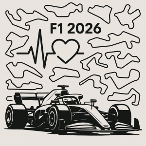Vzadu: F1 2026 okruhy jen černou barvou konturyVepředu: f1 auto a srdeční monitor obrázek