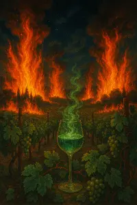 styl magický realismus, inspirace veršem: "požáry ze čtyř stran, hoří léto, zelená duše vína doutná na vinicích"