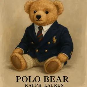 Medvídek od Ralph Lauren, elegantní tak jak vždy bývá na reklamních předmětech, s nápisem ktery bude pod nim.