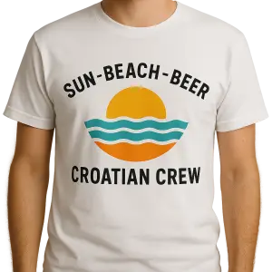 bílé tričko, na prsa jako nějaké logo bych chtěl mít nápis sun - beach - beer, nějaký nápis croatian crew