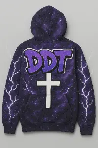 Udělej mi design z písmen DDT v galaxy purple styl grafiti kříž a blesky přes celý rukávy zádech kříž s kapucí a kapsou