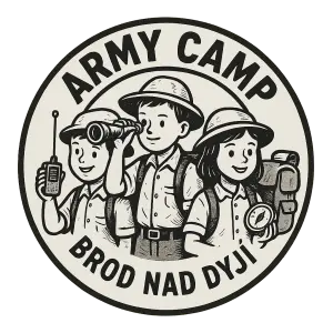 Cernobile logo,3 deti pruzkumnici,dalekohled,vysilačka kompas,batoh, v kruhu,hlavni napis je Army camp, Brod nad Dyji