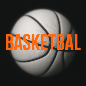 bílý hezký basketbalový míč, trochu rozpity aby se dal použít jako pozadí pod oranzocy nápis na černé ploše
