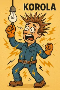 kresleny elektrikář jak utahuje žárovku ale jde do něj proud a stojí mu vlasy na hlavě a napis korola
