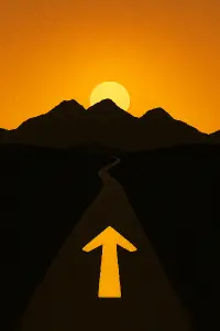 A silhouette of mountains with a setting sun at the top, path going towards them, and yellow camino arrow