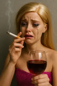 Barbie pije víno a kouří cigaretu a brečí u toho