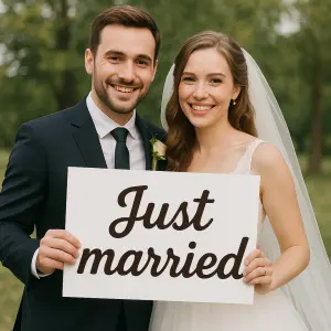 novomanželský pár v obleku a ve svatebních šatech s nápisem Just married