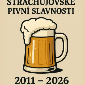 Nápis Strachujovské pivní slavnosti od roku 2011 až 2026 podtím obrázek pulitru plného piva z kterého přetíká pěna