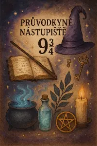 Obrázek s tématem magie a nápisem Průvodkyně nástupiště 9 3/4. Bez postav,pouze kouzelnicka temata,pro ženu