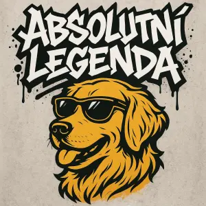 Text Absolutní legenda - ostrý font ve stylu graffiti. Pod tim obrys zlatého retrivra se slunečními brýlemi.