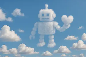 Vytvoř obrázek nebe kde jsou bílé mraky a jeden připomíná robota ve tvaru člověka a v ruce srdce a udělej tohpřipomínalo