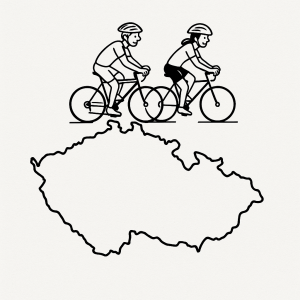 obrys mapy české republiky a po severní hranici jedou ze západu na východ dva cyklisti