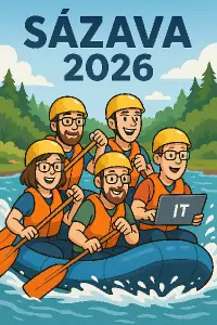 Text Sázava 2026 a nějaký obrázek IT lidi co jedou na vodu