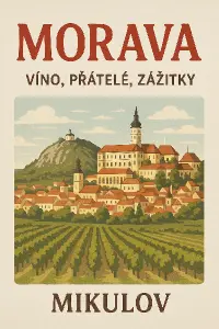 Nahoře nápis MORAVA Pod tím napsáno: víno, přátele, zážitky pod to nejaky lehký motiv Mikulovské krajiny. A dole jmeno