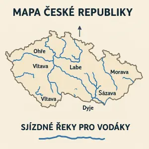 mapa české republiky se znázorněnými pro vodáky sjízdnými řekami s názvy jednotlivých řek