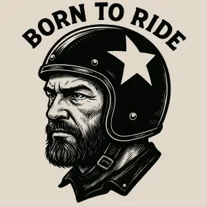 Hlava motorkáře, v černé letecké helmě s bílou hvězdou, výraz drsného muže, ve středním věku. text: born to ride.