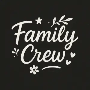 napiš Family crew bílým písmem s jemným doplněním písma nějakými drobnými obrázky, aby působilo moderně a svěže, jemně